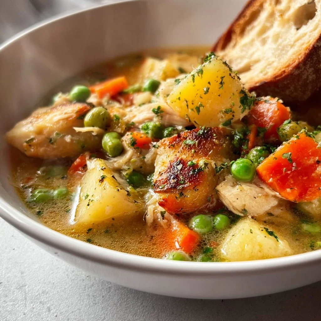 Delicious slow cooker chicken stew filled with vegetables and spices