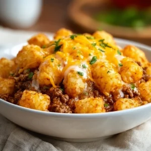 Easy tater tot casserole with ground beef and green beans baked to perfection
