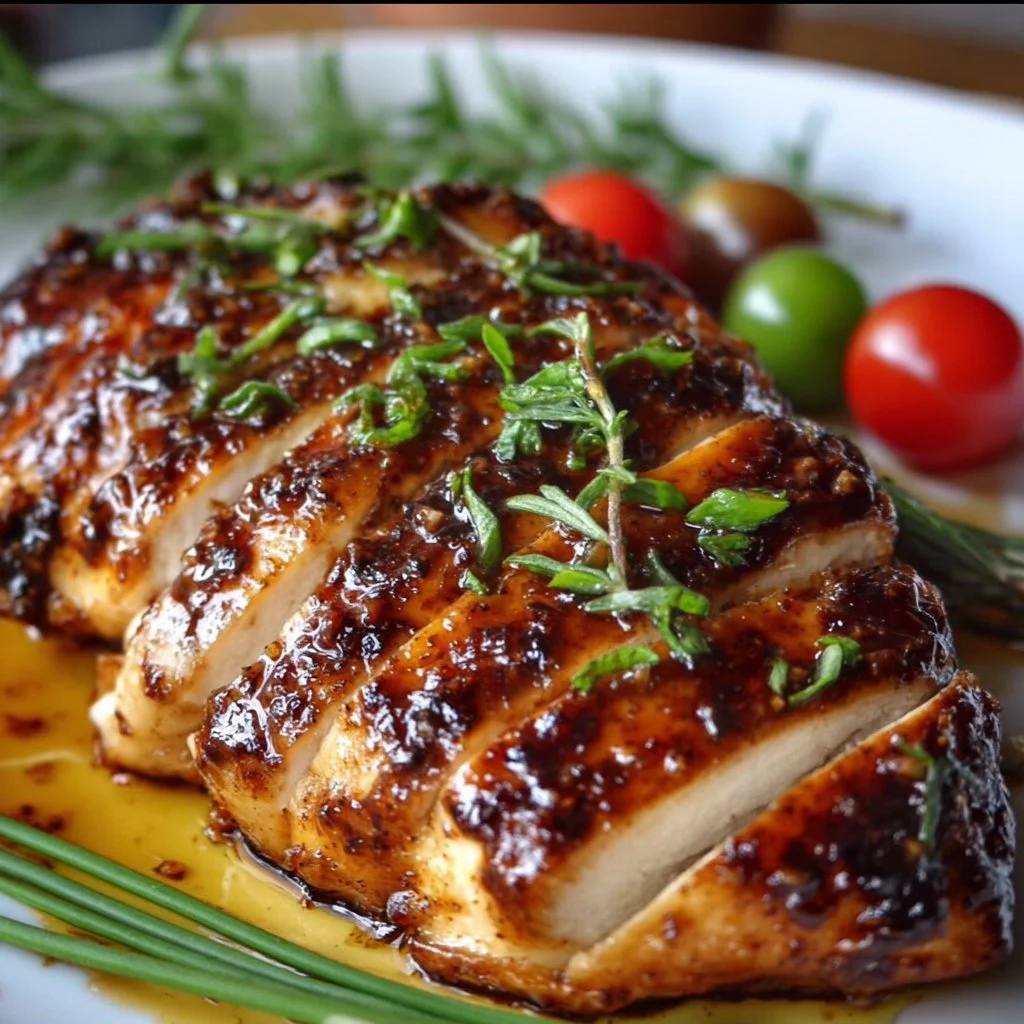 Balsamic baked chicken breast garnished with herbs, ideal for dinner.