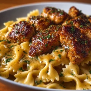 Delicious Garlic Butter Chicken served with Bowtie Pasta