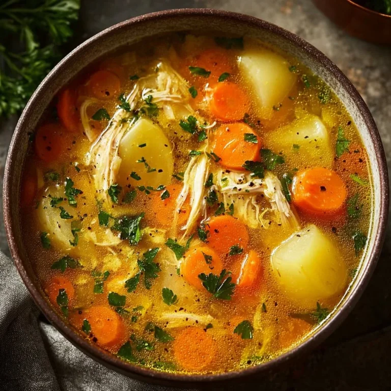 Bowl of healing Spanish chicken soup garnished with fresh herbs and vegetables