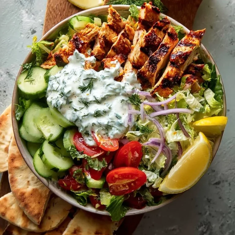 Healthy chicken tzatziki bowl with fresh vegetables and tzatziki sauce on top