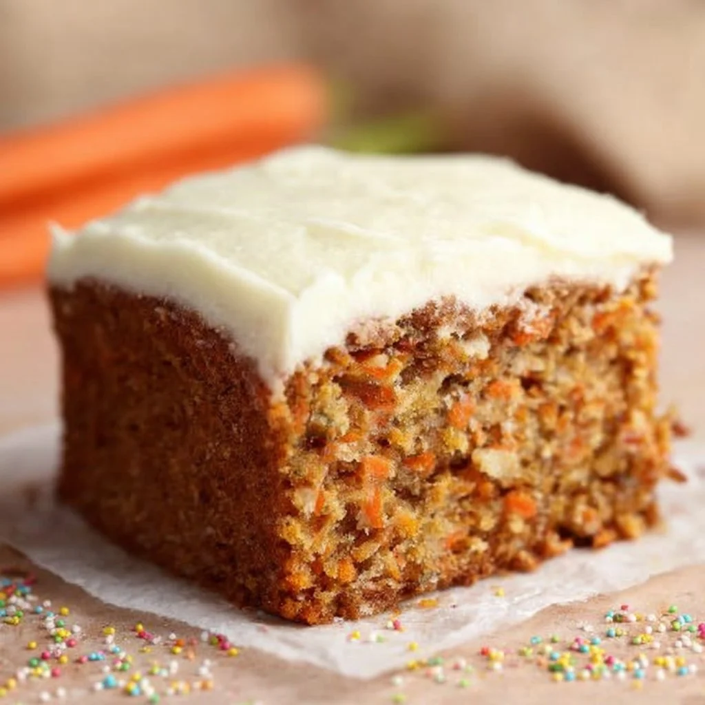 Slice of Healthy Classic Carrot Cake topped with cream cheese frosting and walnuts