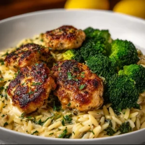 Lemon pepper chicken served with broccoli and orzo on a plate.