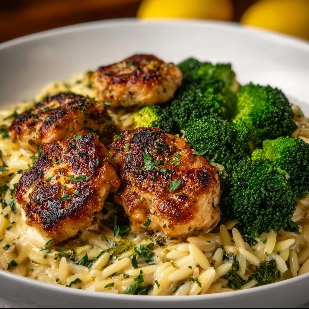 Lemon pepper chicken served with broccoli and orzo on a plate.