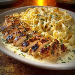 Plate of homemade Cajun Chicken Linguine with creamy three-cheese Parmesan sauce
