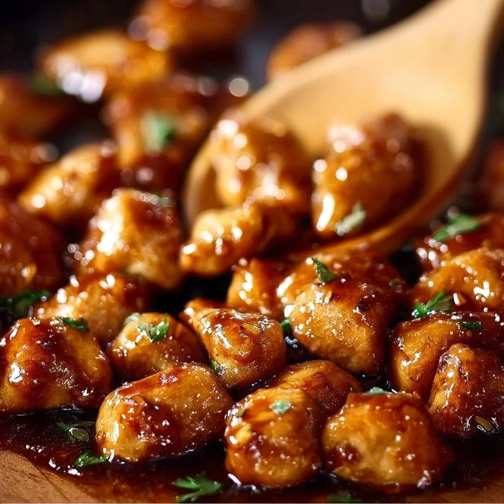 Delicious Honey Garlic Chicken Bites served on a platter with sesame seeds.