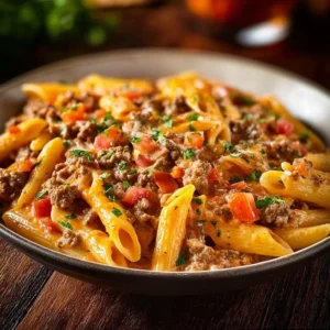 Creamy beef pasta dish served in a bowl, garnished with herbs.