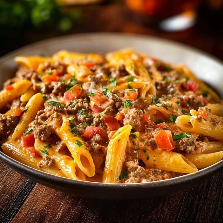 Creamy beef pasta dish served in a bowl, garnished with herbs.