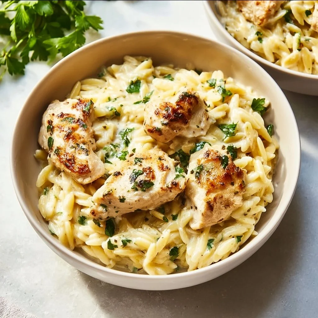 Delicious lemon chicken orzo with creamy sauce served on a plate