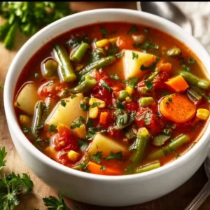 Bowl of hearty vegetable soup filled with fresh vegetables and herbs