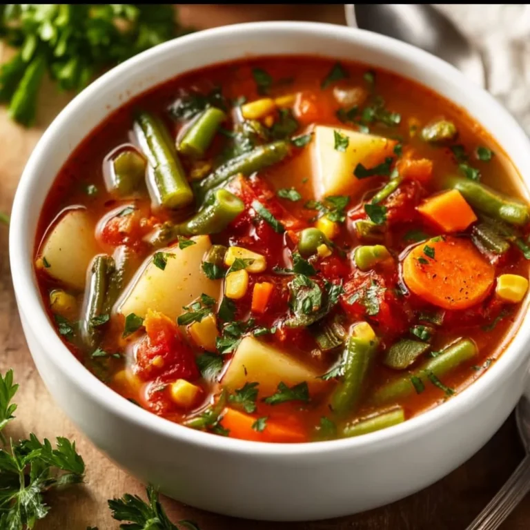Bowl of hearty vegetable soup filled with fresh vegetables and herbs
