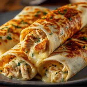 Low carb cheesy garlic chicken wraps on a plate garnished with herbs