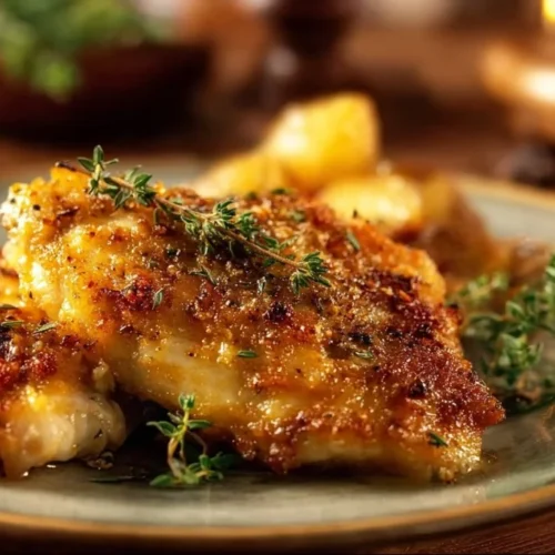 Juicy melt in your mouth chicken breast served on a plate with herbs.