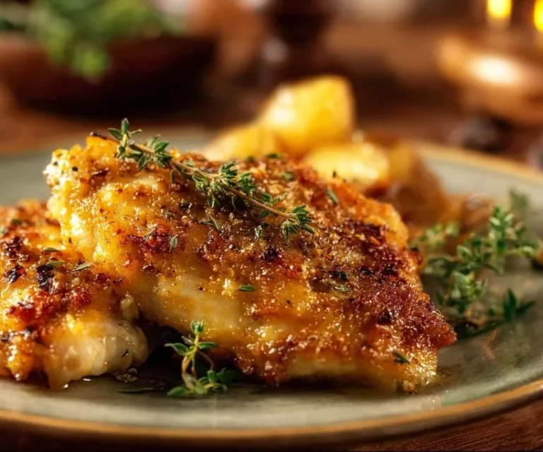 Juicy melt in your mouth chicken breast served on a plate with herbs.