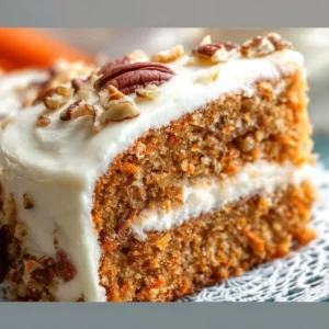 Moist carrot cake topped with cream cheese frosting and pineapple