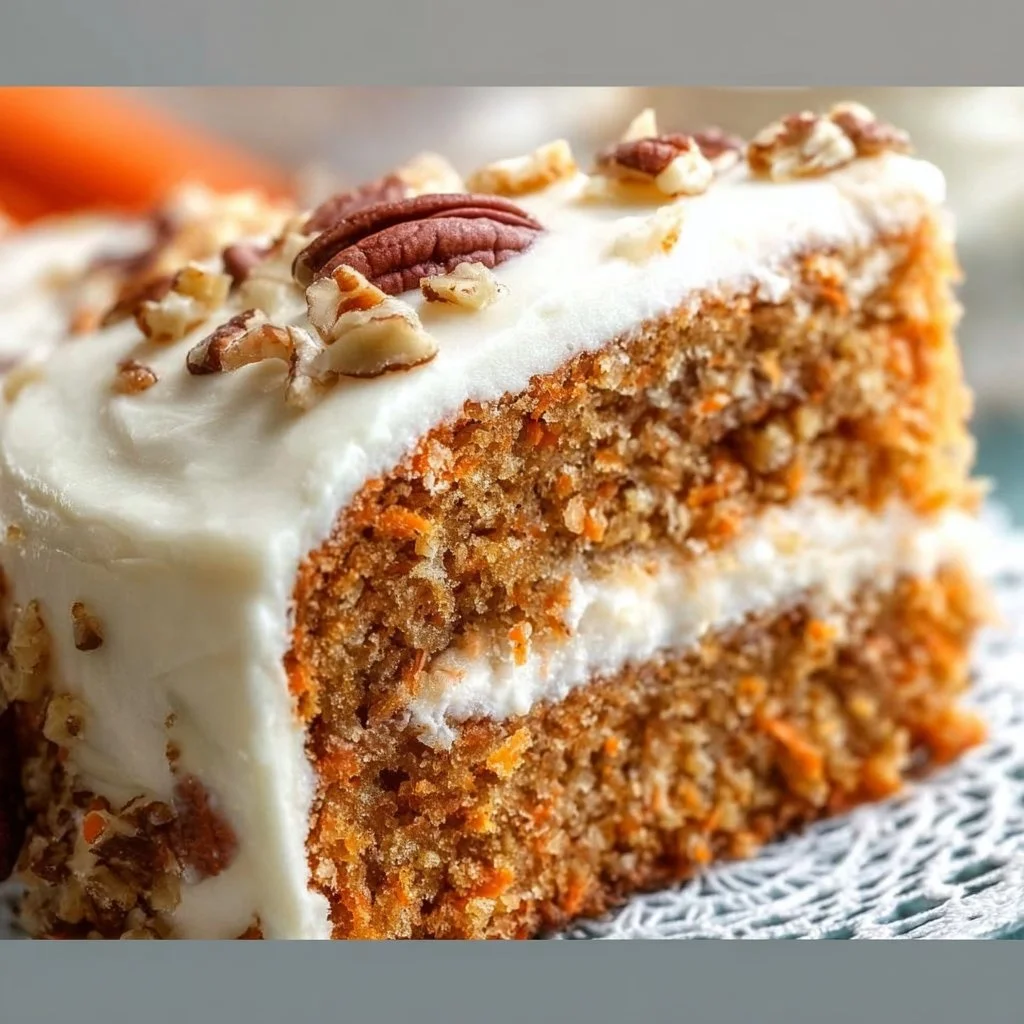 Moist carrot cake topped with cream cheese frosting and pineapple