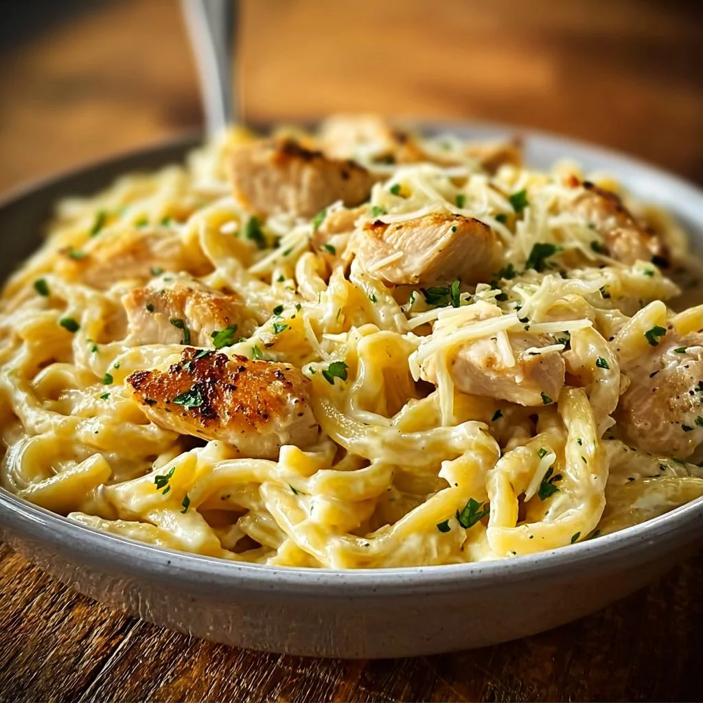 One-pot chicken penne pasta served in a bowl with herbs and cheese