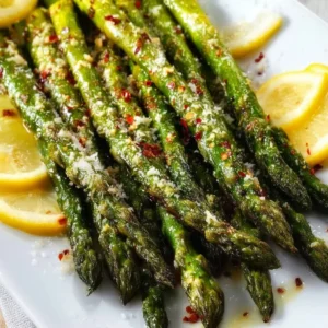 Plate of oven roasted asparagus with lemon and parmesan on a table