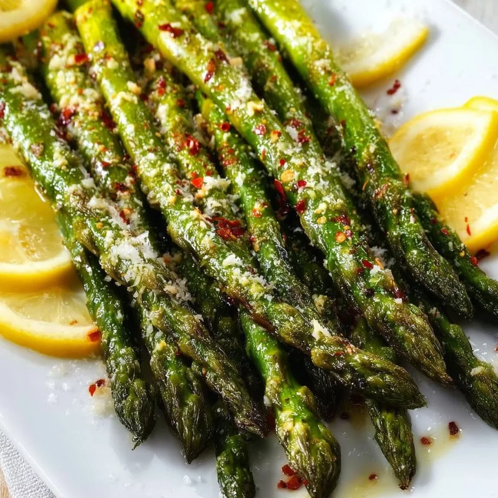 Plate of oven roasted asparagus with lemon and parmesan on a table