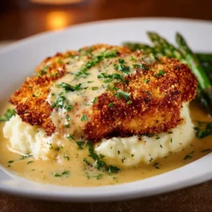 Parmesan crusted chicken with creamy garlic sauce served on a plate