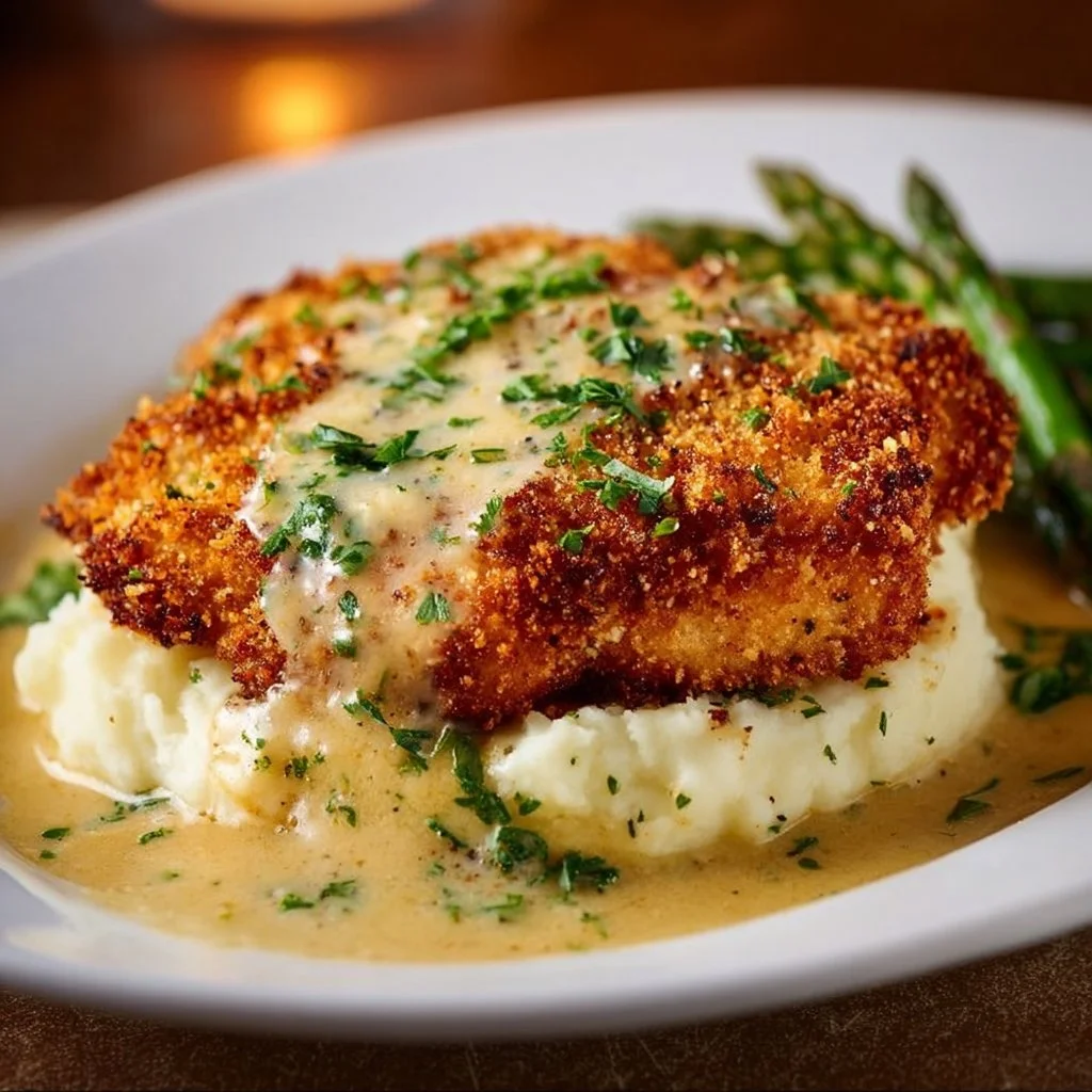 Parmesan crusted chicken with creamy garlic sauce served on a plate