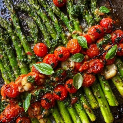 Delicious Parmesan roasted asparagus served on a plate garnished with herbs