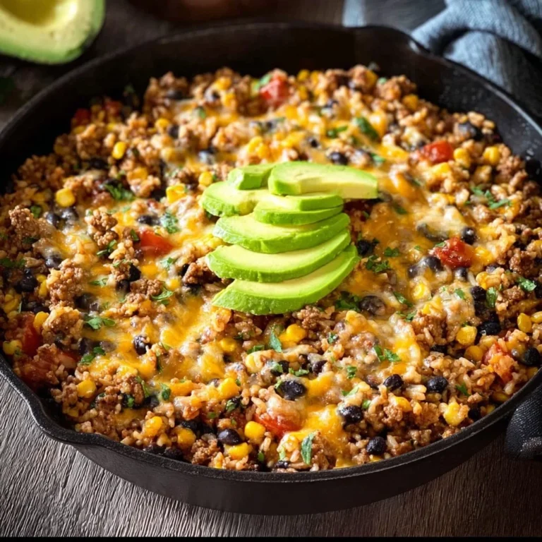Delicious cheesy taco rice skillet with ground beef and toppings
