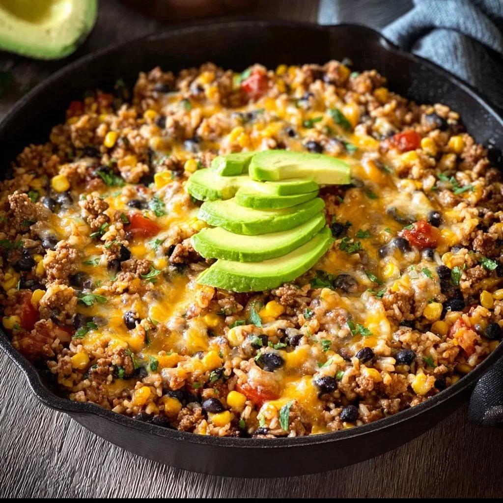 Delicious cheesy taco rice skillet with ground beef and toppings