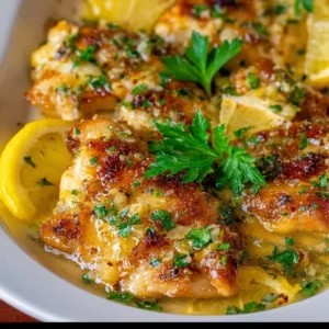 Delicious quick and easy lemon chicken dish garnished with fresh herbs.