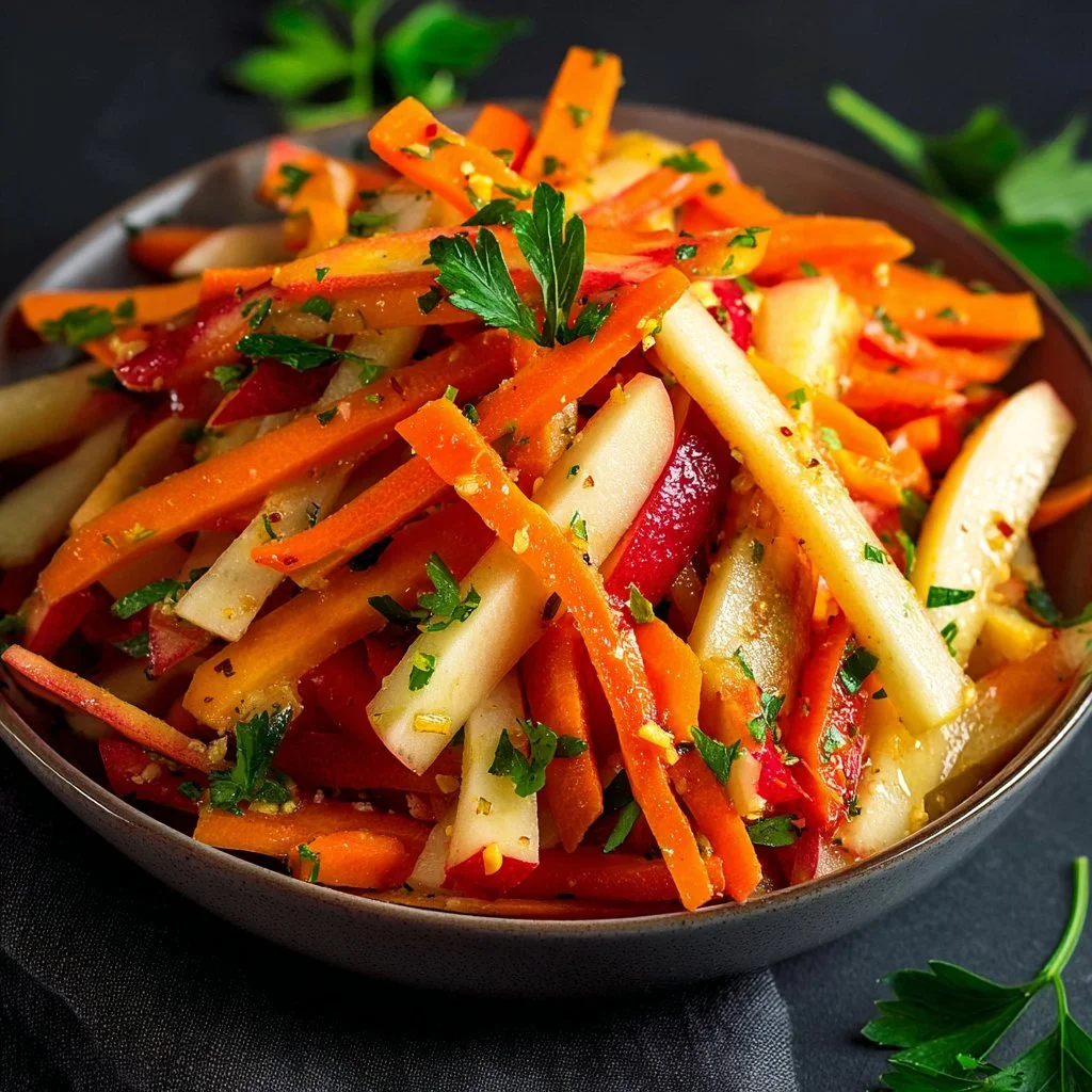 Refreshing carrot apple salad served in a bowl with fresh ingredients