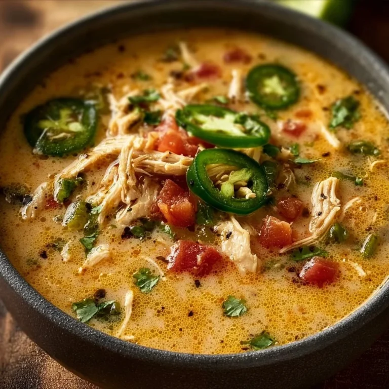 Bowl of spicy jalapeño popper chicken soup garnished with jalapeños and cheese.