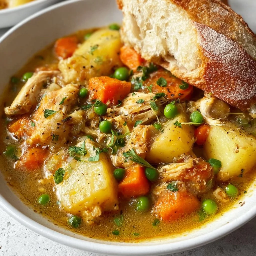 Delicious slow cooker chicken stew in a bowl garnished with herbs
