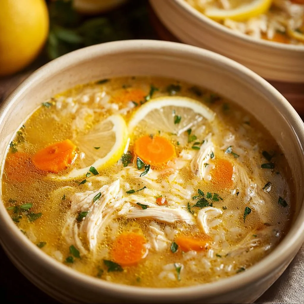 Bowl of Slow Cooker Lemon Chicken and Rice Soup with fresh lemon slices