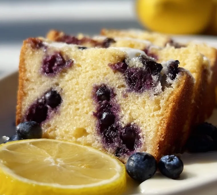 Soft and moist lemon blueberry yogurt cake served on a rustic plate.