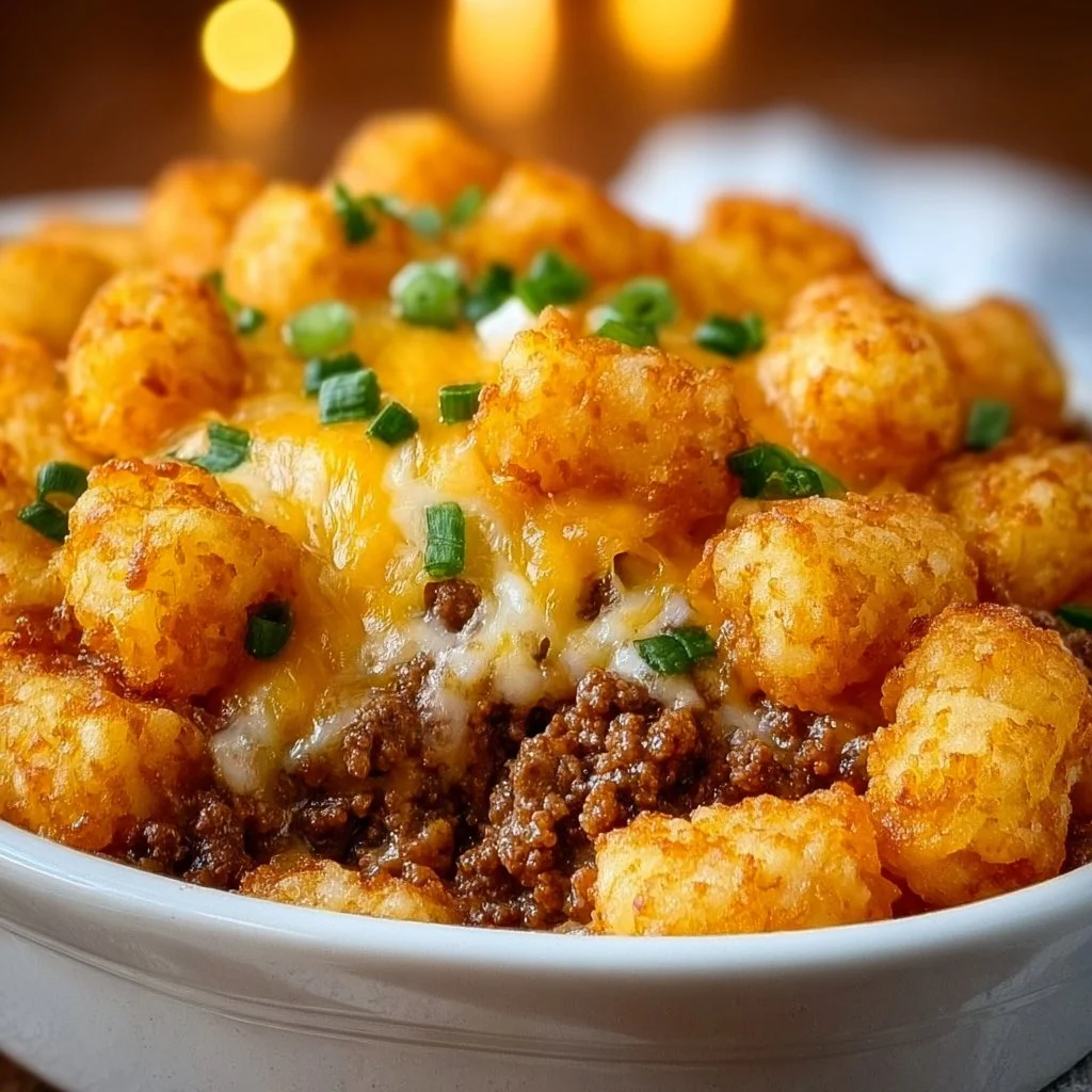 Tater Tot Casserole with Ground Beef and Green Beans served in a baking dish