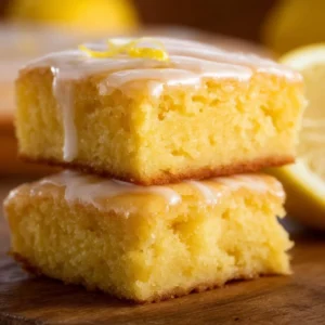 Viral lemon brownies (lemonies) displayed on a plate, topped with powdered sugar.