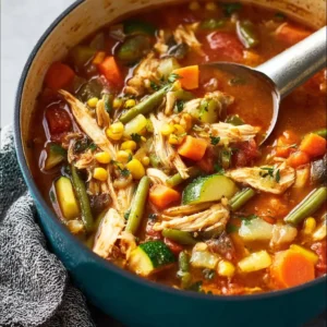 Bowl of hearty chicken vegetable soup with fresh vegetables and herbs