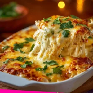 Creamy white chicken enchilada casserole served in a pan for an easy meal